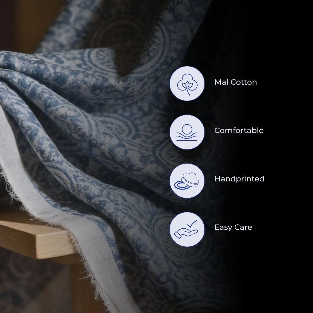 Single-Sided Hand Block Printed Mal Cotton Fabric – Soft Blue Pattern | Sold Per Meter