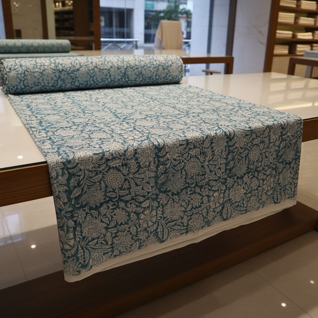 Single-Sided Block Printed Mal Cotton Fabric in Blue Botanical Pattern