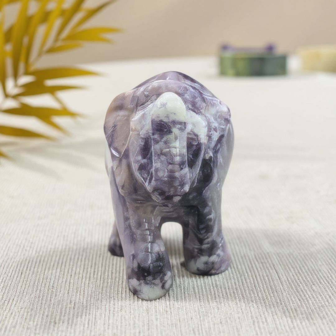Hand Carved Lepidolite Gemstone Elephant Sculpture for Home Decor and Healing