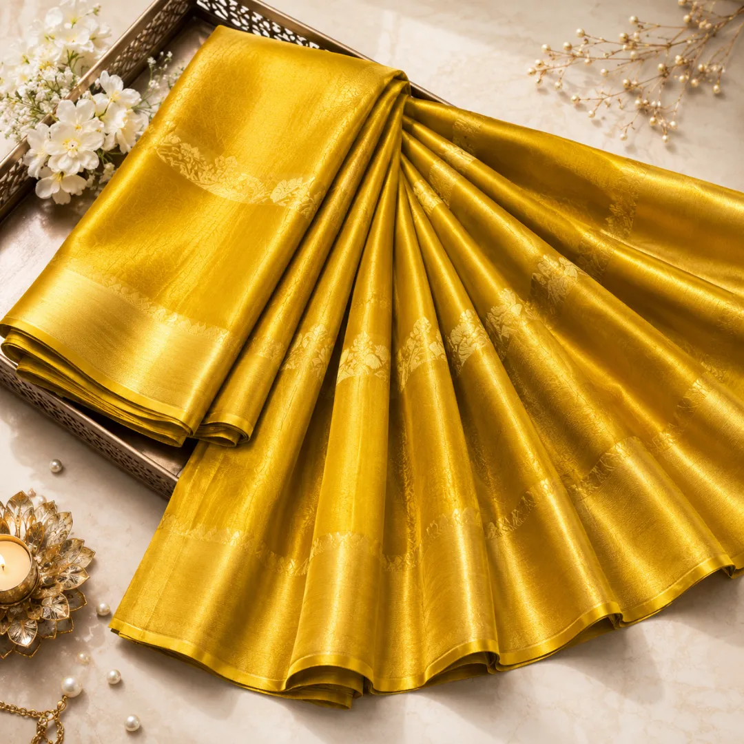 Handcrafted Golden Yellow Bapta Tussar Silk Mangalgiri Saree with Gold Detailing & Blouse Piece 