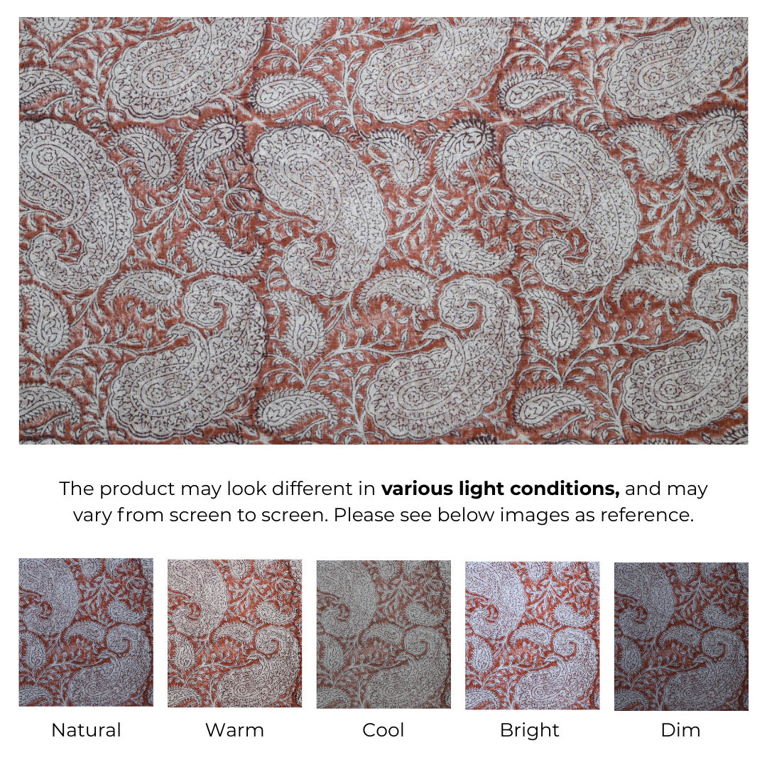 Single-Sided Block Printed Mal Cotton Fabric in Brown Paisley Pattern
