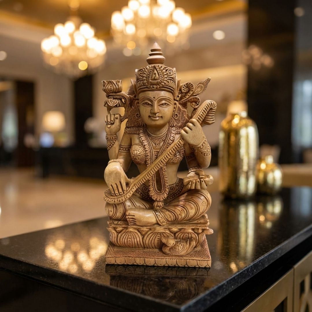 Sandalwood Saraswati Idol with Veena and Lotus Base