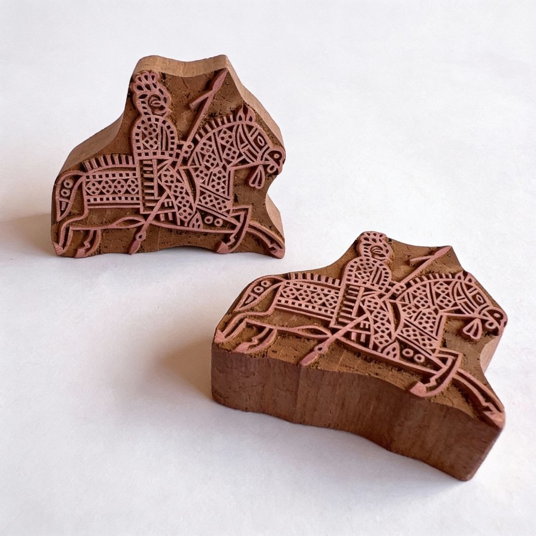 Hand-Carved Gurjan Wood Printing Block with Horse & Rider Motif