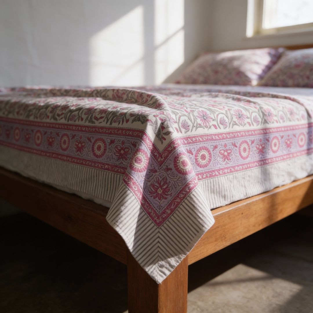Single-Sided Block Printed Double Bedsheet in Soft Pink All-Over Pattern