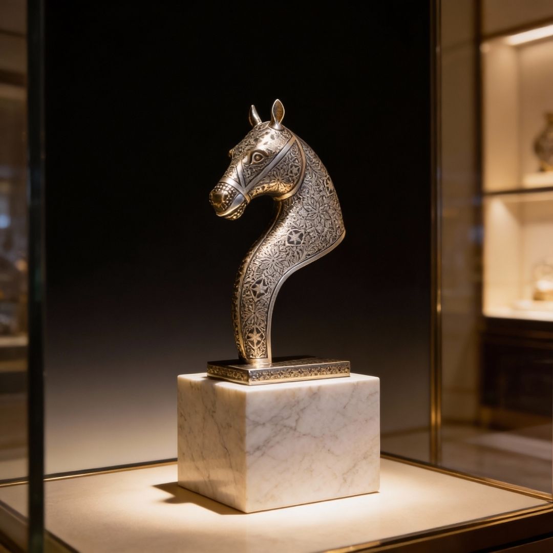 Silver Koftgari Horse Bust with Intricate Metal Inlay Art