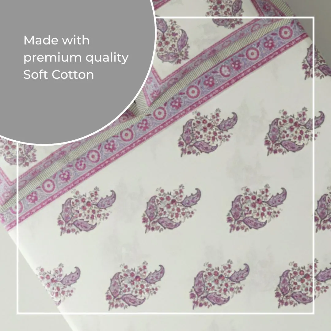Single-Sided Block Printed Double Bedsheet in Maroon & Dusty Pink Floral Print Motif