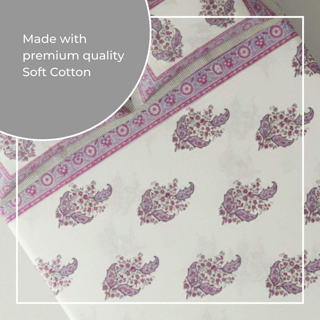 Single-Sided Block Printed Double Bedsheet in Grey Floral Motif
