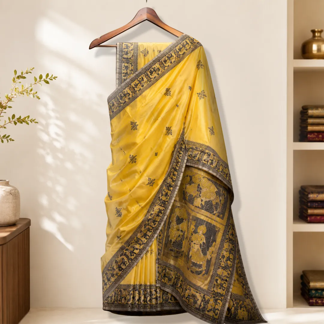 Golden Dusk Yellow & Black Handcrafted Bishnupuri Silk Saree
