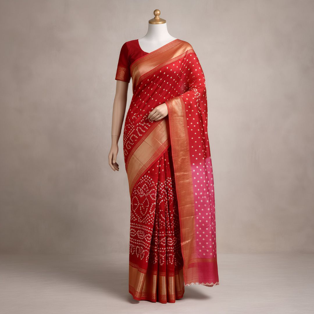 Silk Border Bandhej Saree with Lakdi Patta Pallu and Coordinated Blouse Piece (Unstitched)
