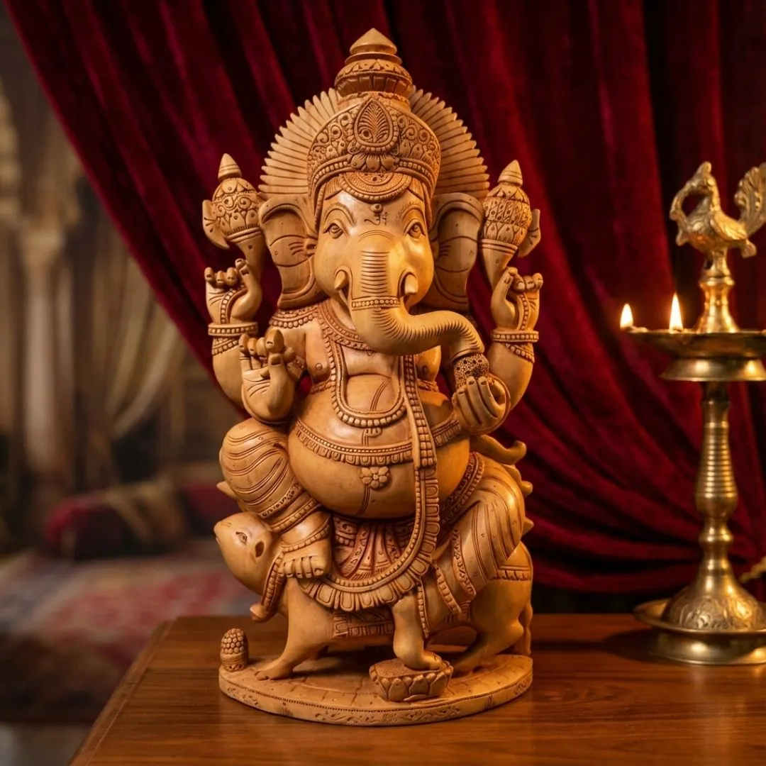 Handcrafted Sandalwood Ganesha Idol in Blessing Pose with Modak and Kalash