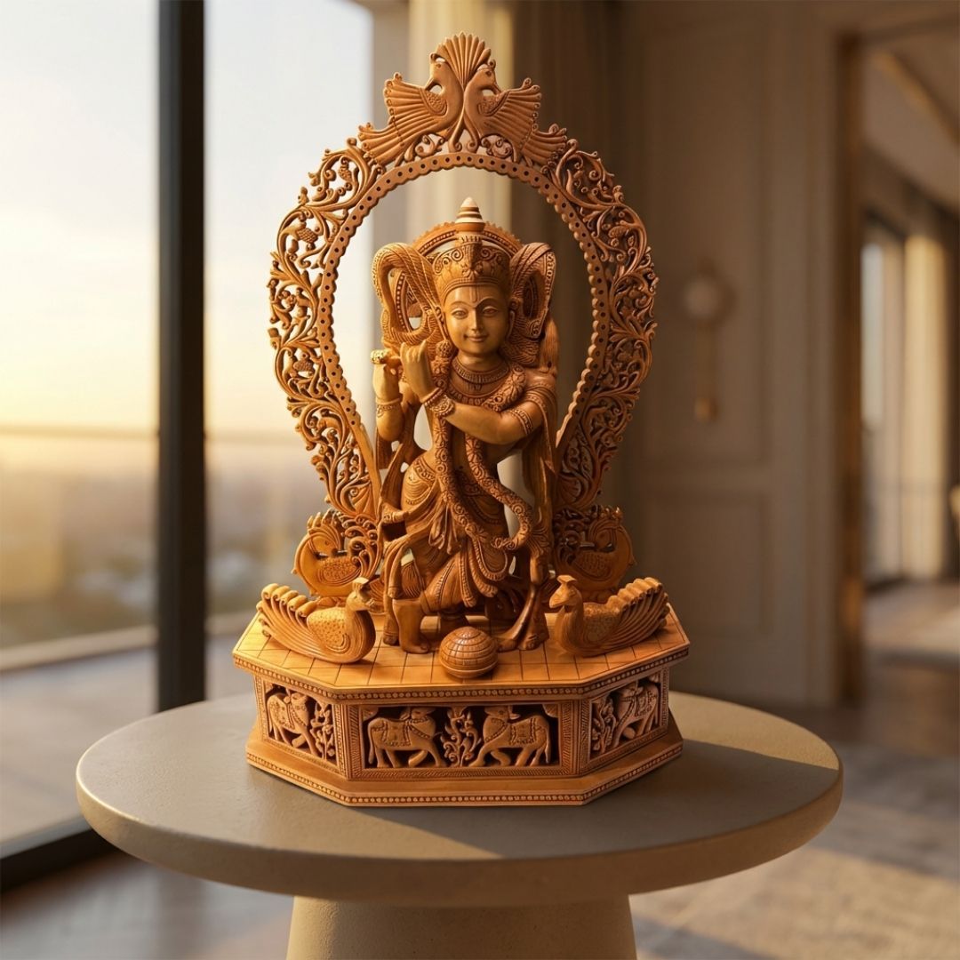 Handcrafted Lord Krishna Sculpture with Flute and Ornate Arch Featuring Peacocks