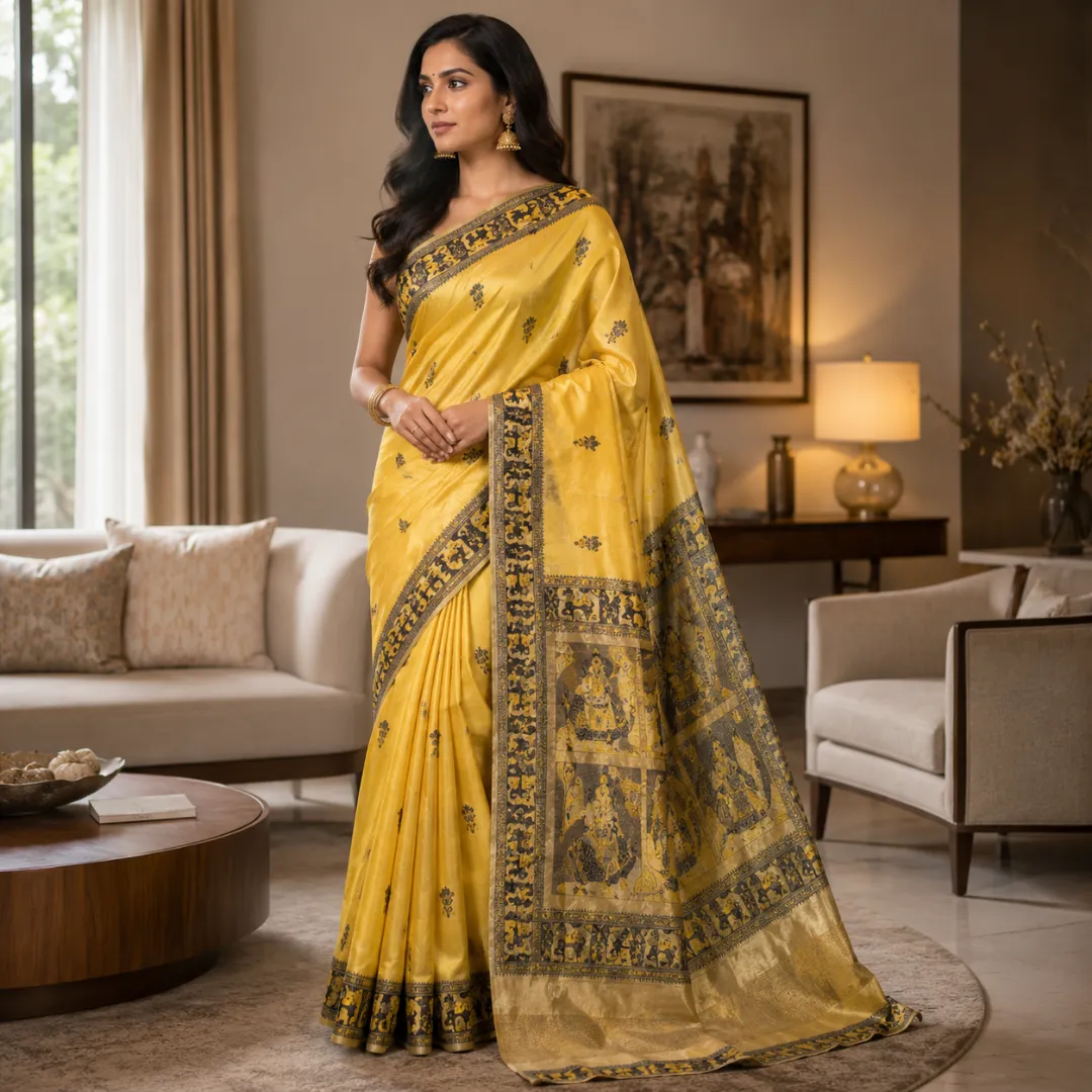 Golden Dusk Yellow & Black Handcrafted Bishnupuri Silk Saree