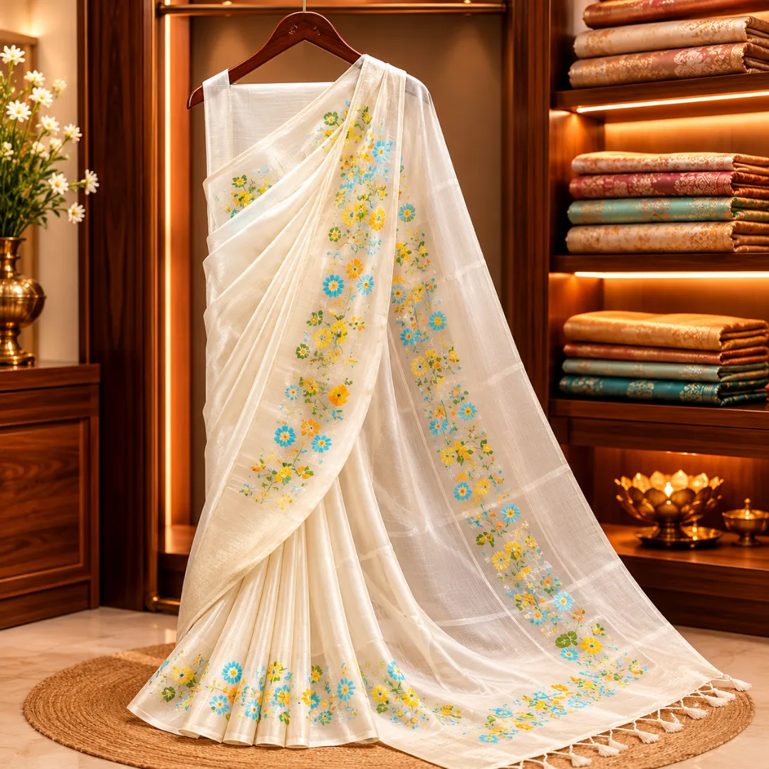 Handcrafted Off-White Paithani Silk Linen Saree with All-Over Butti & Blouse Piece