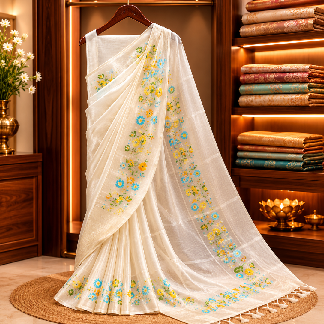 Handcrafted Off-White Paithani Silk Linen Saree with All-Over Butti & Blouse Piece