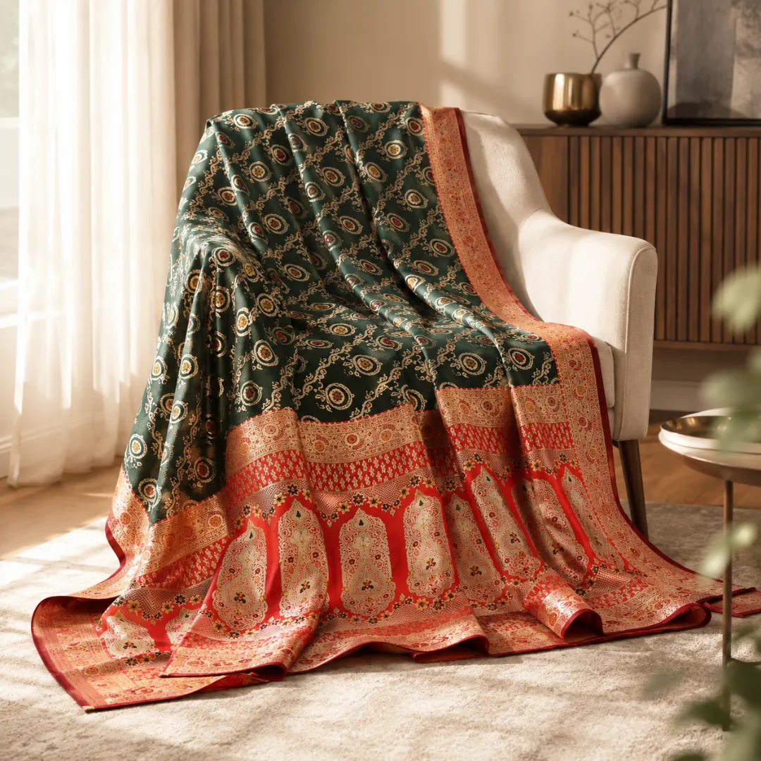 Handcrafted Dark Green & Red Puri Gazzi Satin Saree with Royal Zari Paisley Pallu & Blouse Piece