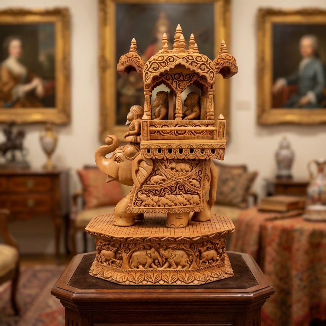 Royal Wooden Elephant Howdah Sculpture in Traditional Maharaja Style