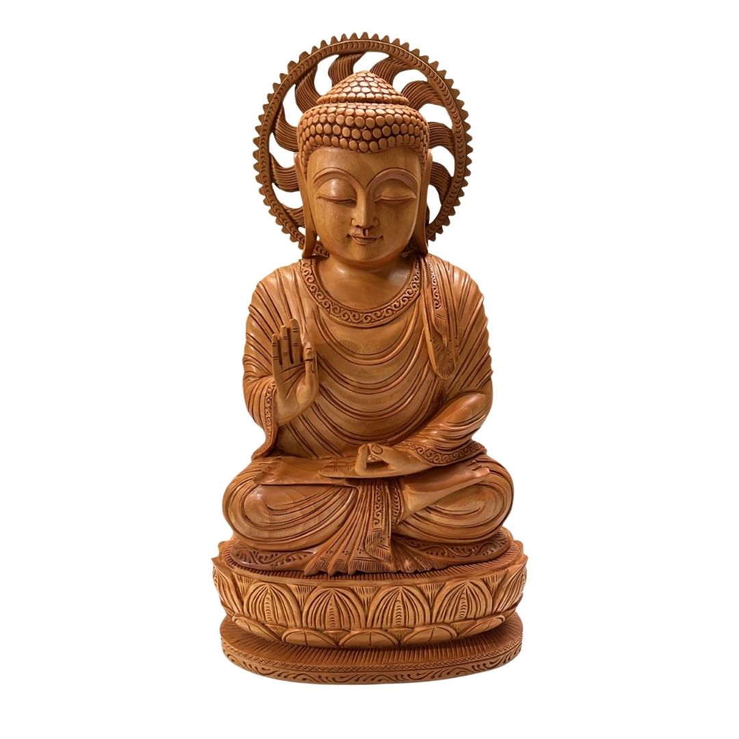 Lord Buddha Meditation Sandalwood Sculpture with Lotus Base Detailing