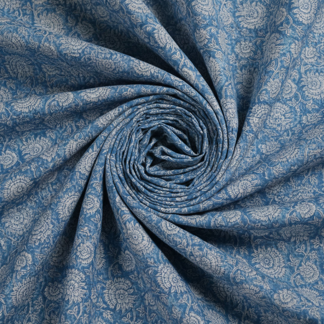 Single-Sided Block Printed Mal Cotton Fabric in Blue Floral Grid Pattern
