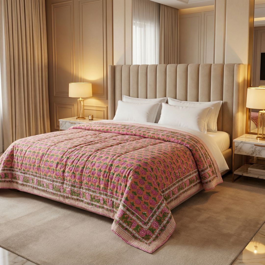Single Double-Sided Block Printed Cotton Comforter in Pink Green Floral Pattern