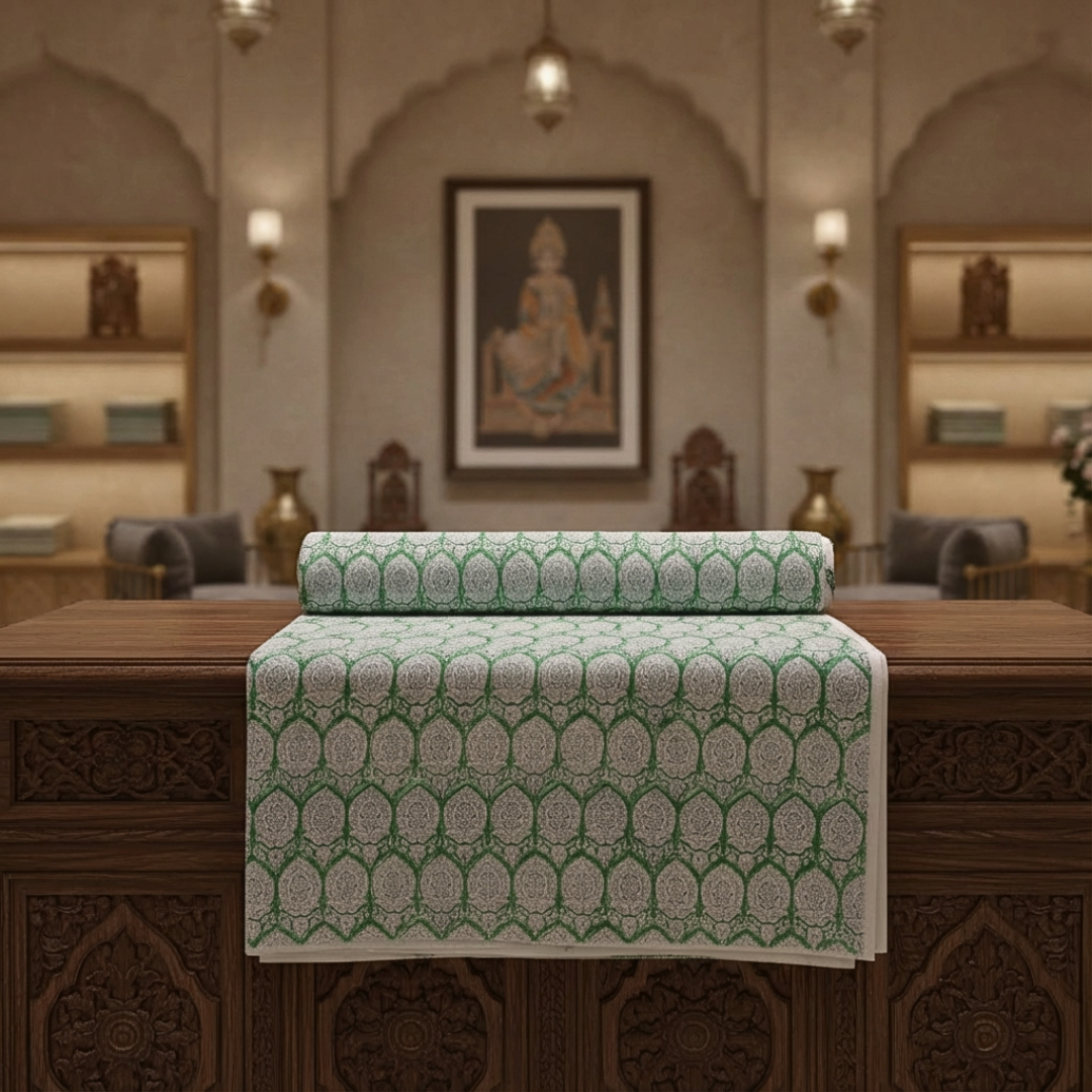 Single-Sided Hand Block Printed Mal Cotton Fabric – Green Lattice Floral | Sold Per Meter