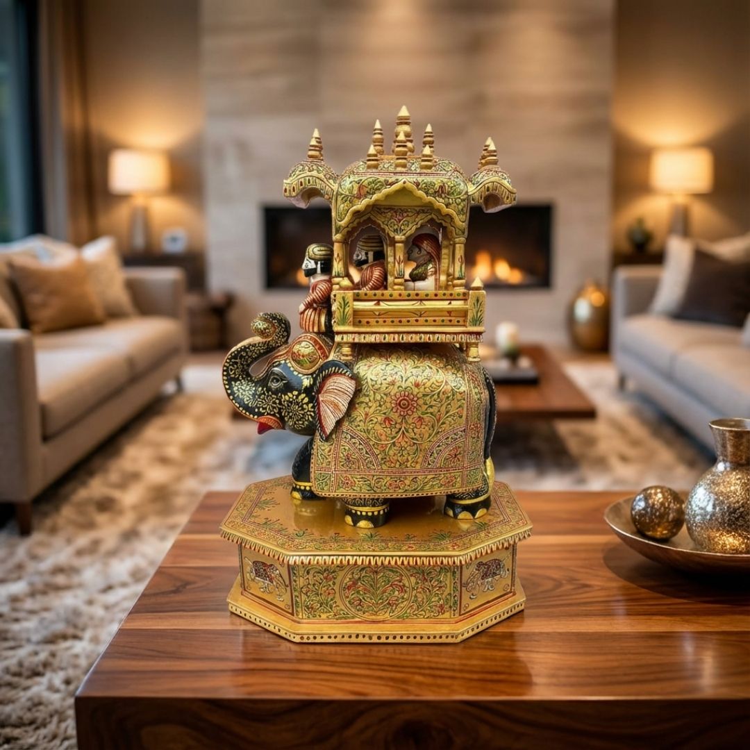 Royal Elephant Palanquin Miniature Sculpture Handcrafted in Wood