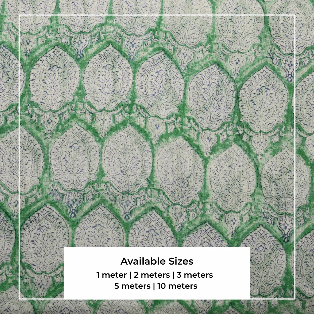Single-Sided Hand Block Printed Mal Cotton Fabric – Green Lattice Floral | Sold Per Meter