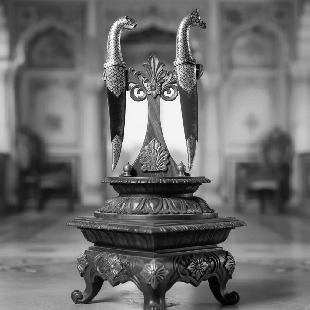 Red Handle Koftgari Decorative Dagger Pair with Fine Traditional Metal Inlay Art