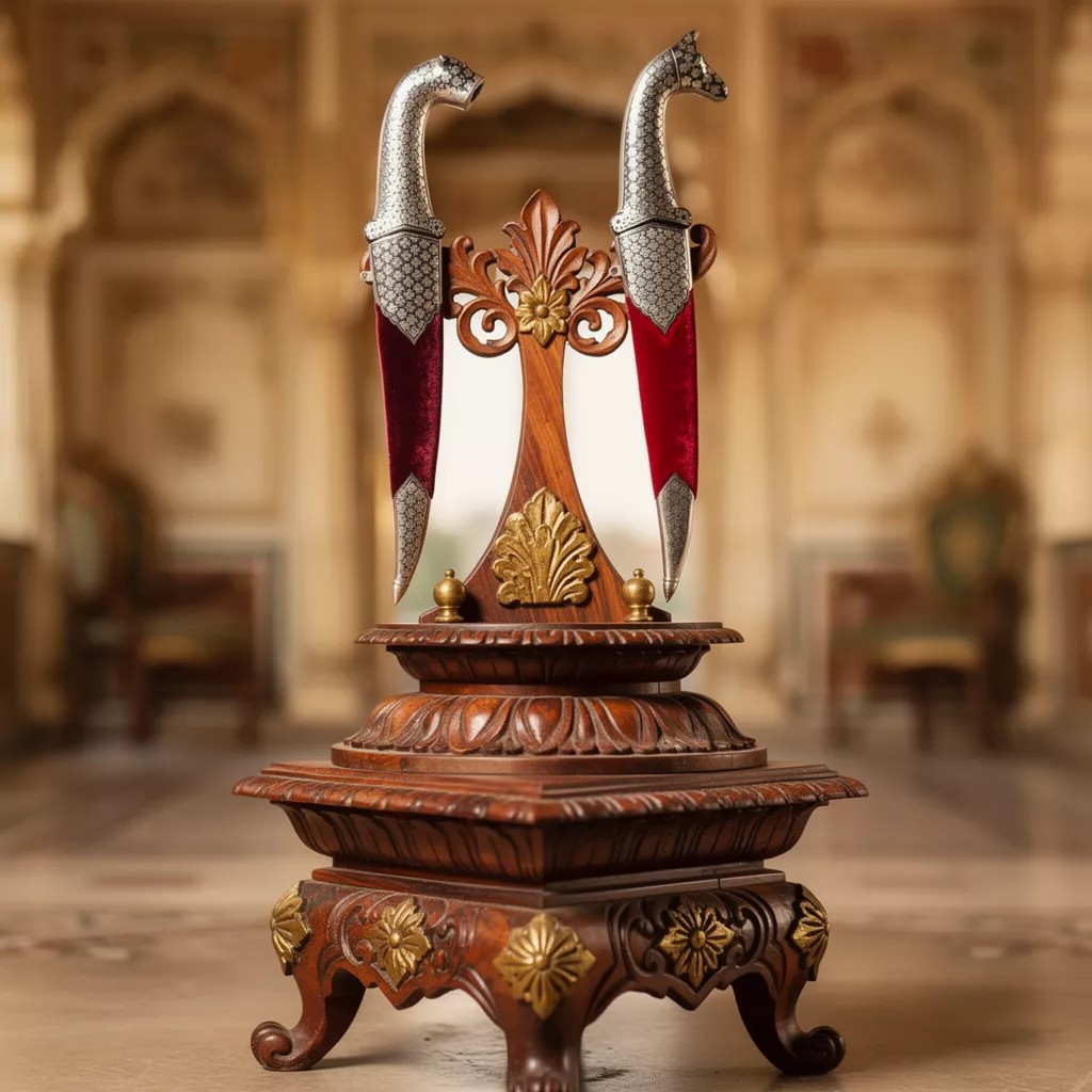 Red Handle Koftgari Decorative Dagger Pair with Fine Traditional Metal Inlay Art