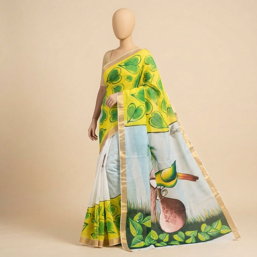 Kerala Cotton Hand-Painted Off-White Saree with Lime Green Leaf Motifs & Scenic Pallu | Includes Blouse Piece