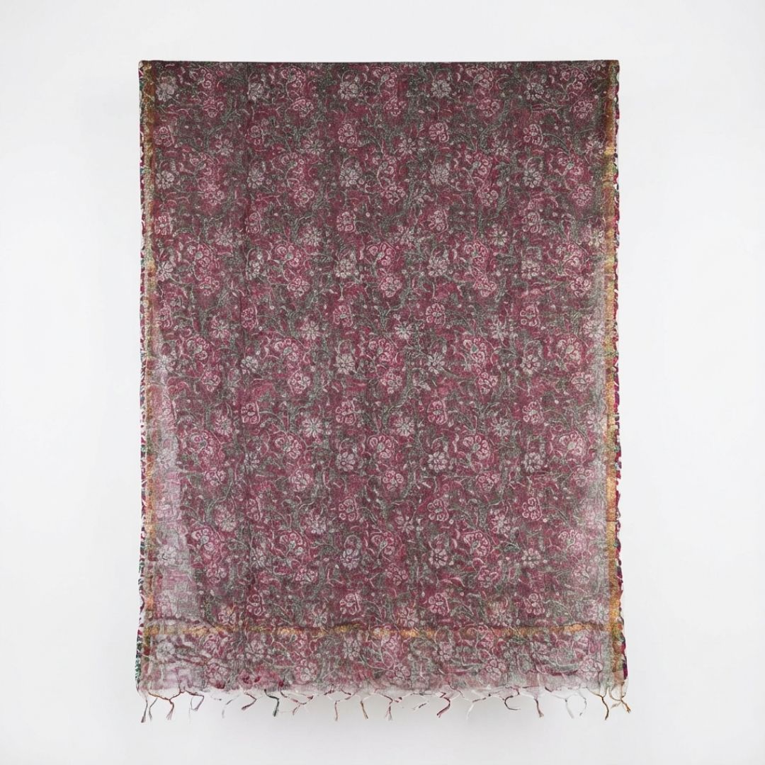 Hand Block Printed Kota Doriya Dupatta in Earthy Floral Pattern