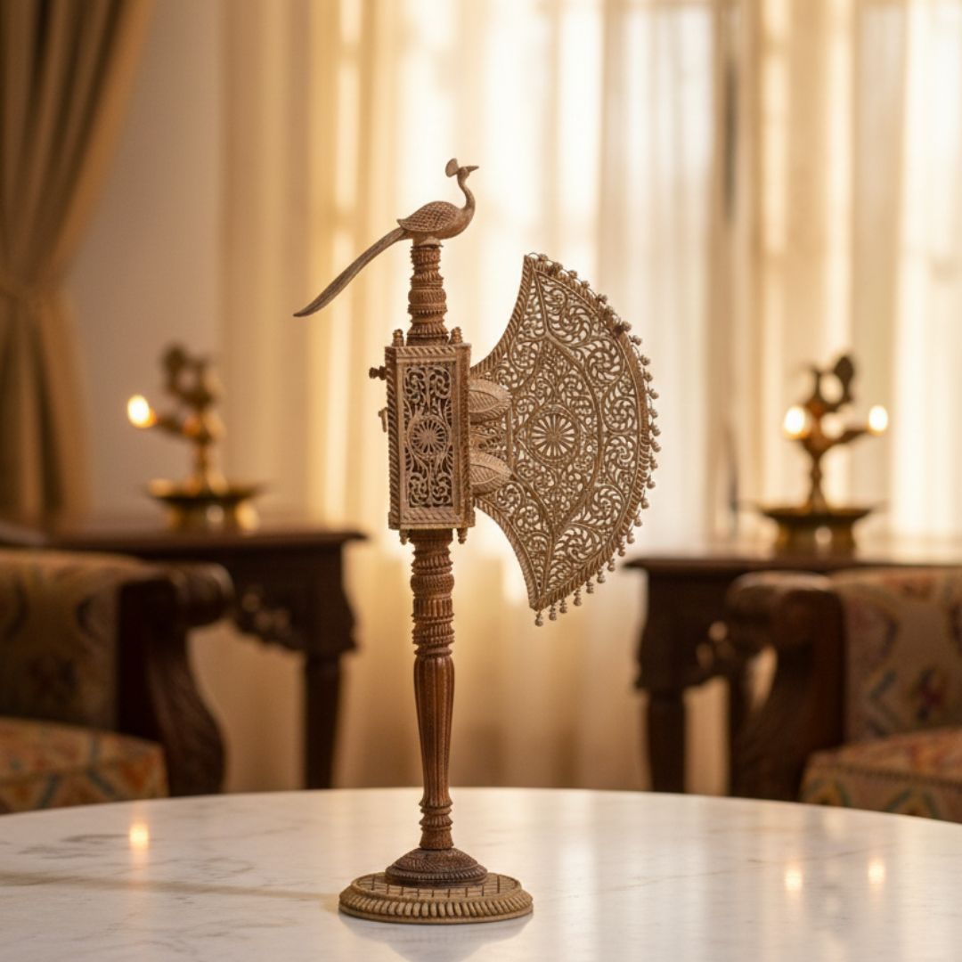 Pure Sandalwood Lace-Carved Heritage Pankha with Peacock Handle 