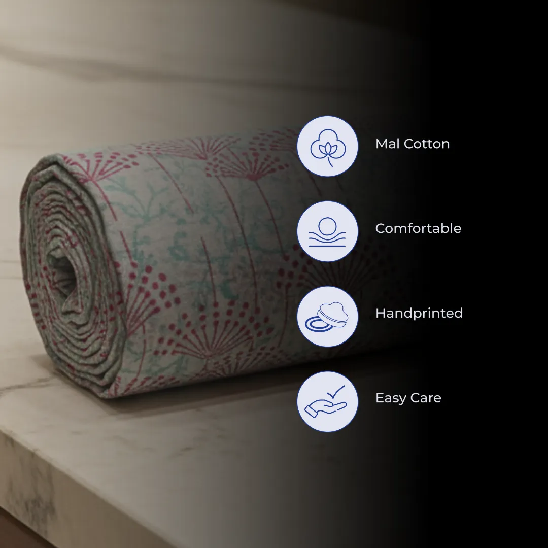Single-Sided Hand Block Printed Mal Cotton Fabric – Soft Pastel Floral | Sold Per Meter