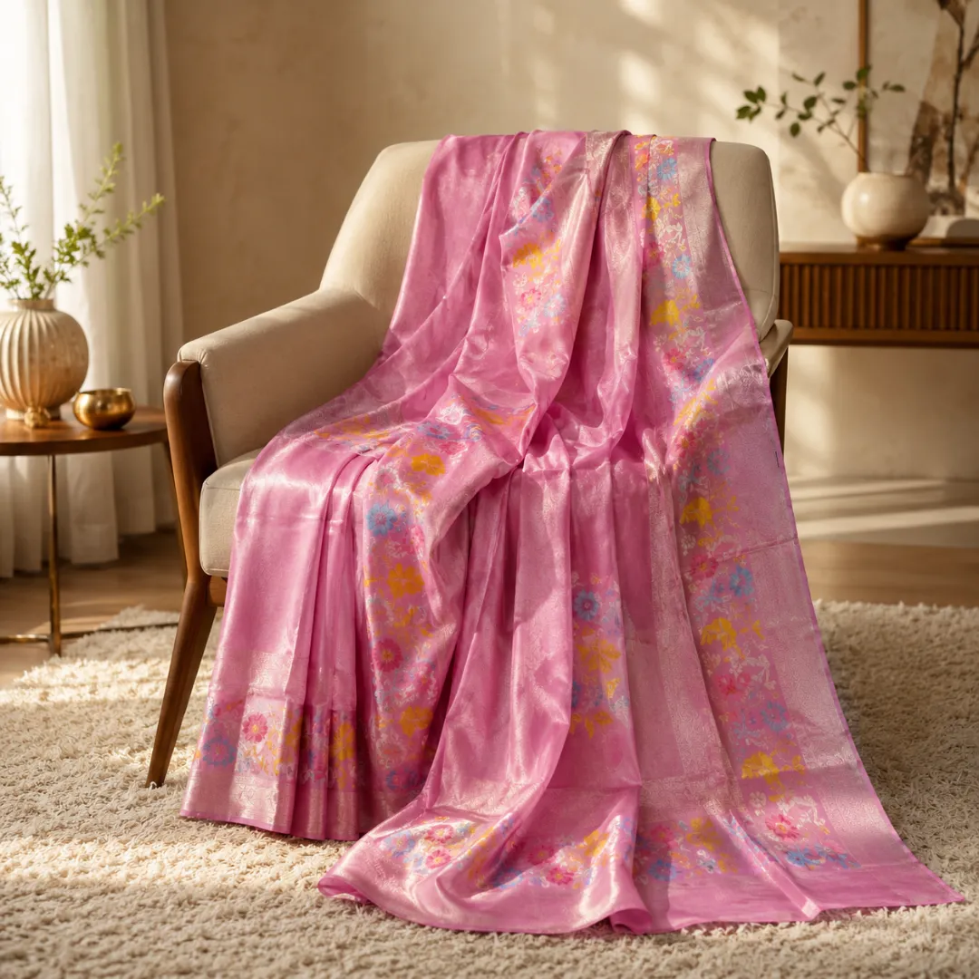 Graceful Handwoven Pink Paithani Silk Linen Saree with All-Over Butti & Blouse Piece