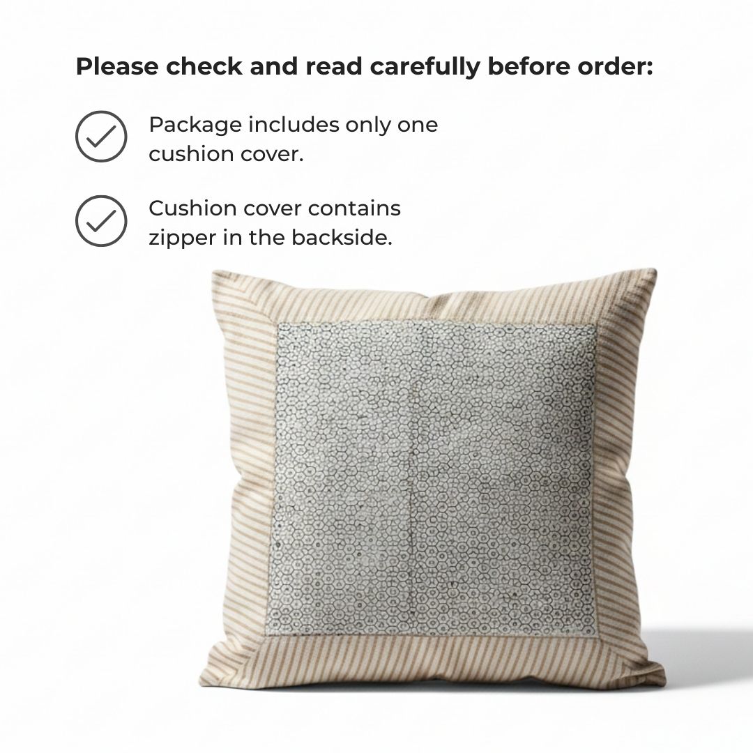 Block Printed Cotton Cushion Covers with Minimal Border Design (Set of 2)