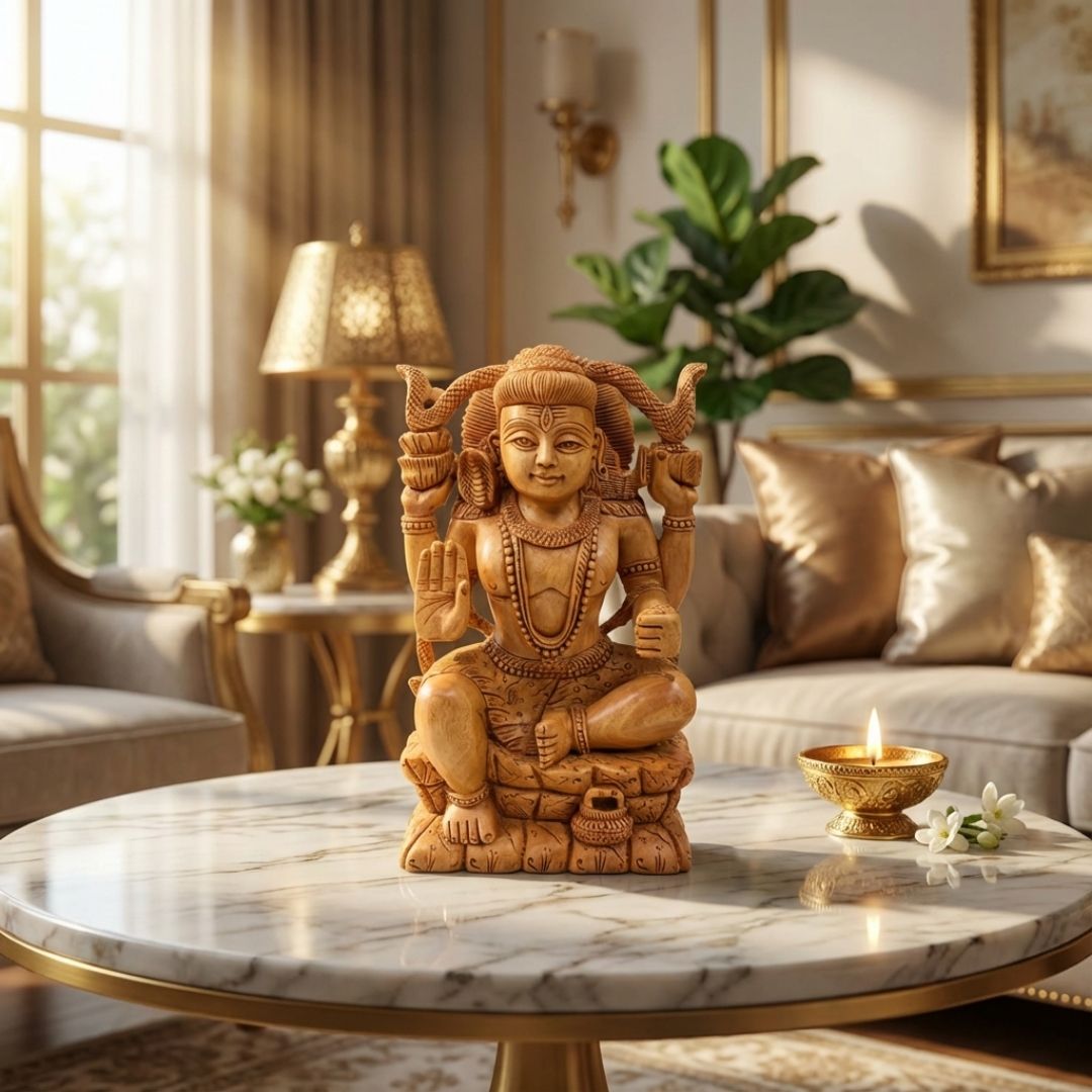 Handcrafted Lord Shiva Sculpture Sitting with Snake and Damru in Fine Wood Carving