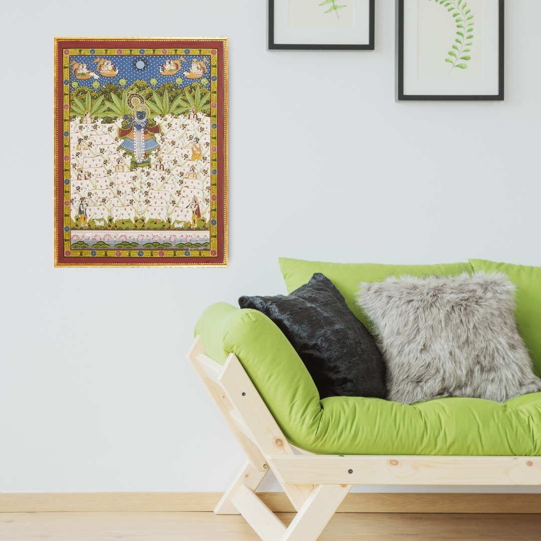 Pichwai Krishna Playing Bansuri with Multiple White Cows