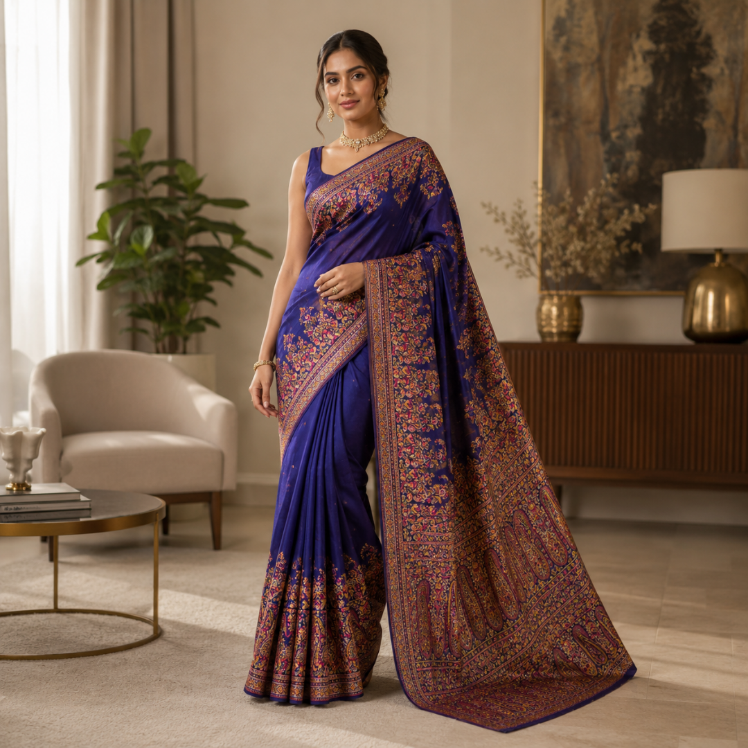 Festive Kashmiri Handcrafted Pashmina Silk Saree – Midnight Blue Elegance