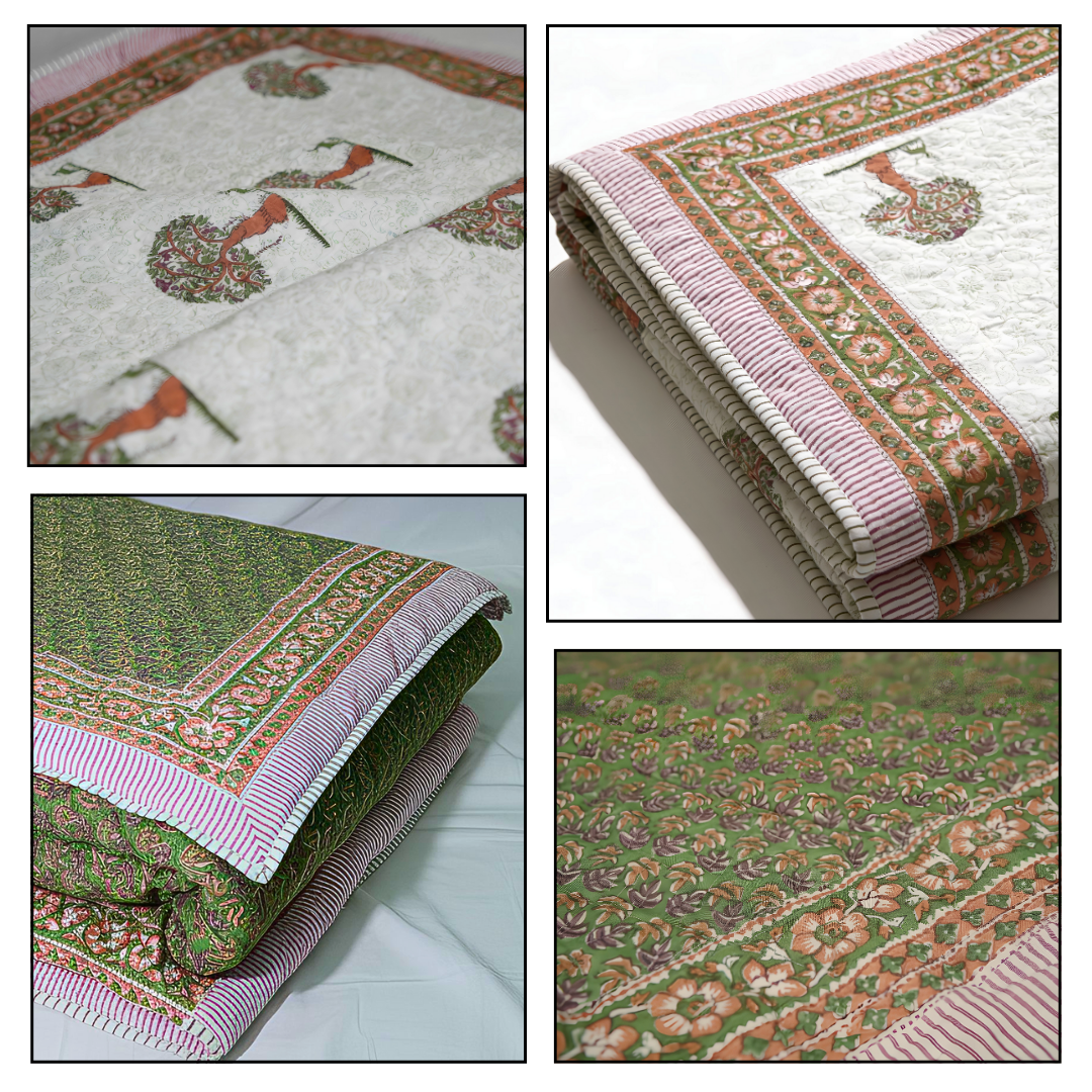 Double Double-Sided Block Printed Cotton Comforter with Tree and Border Motifs