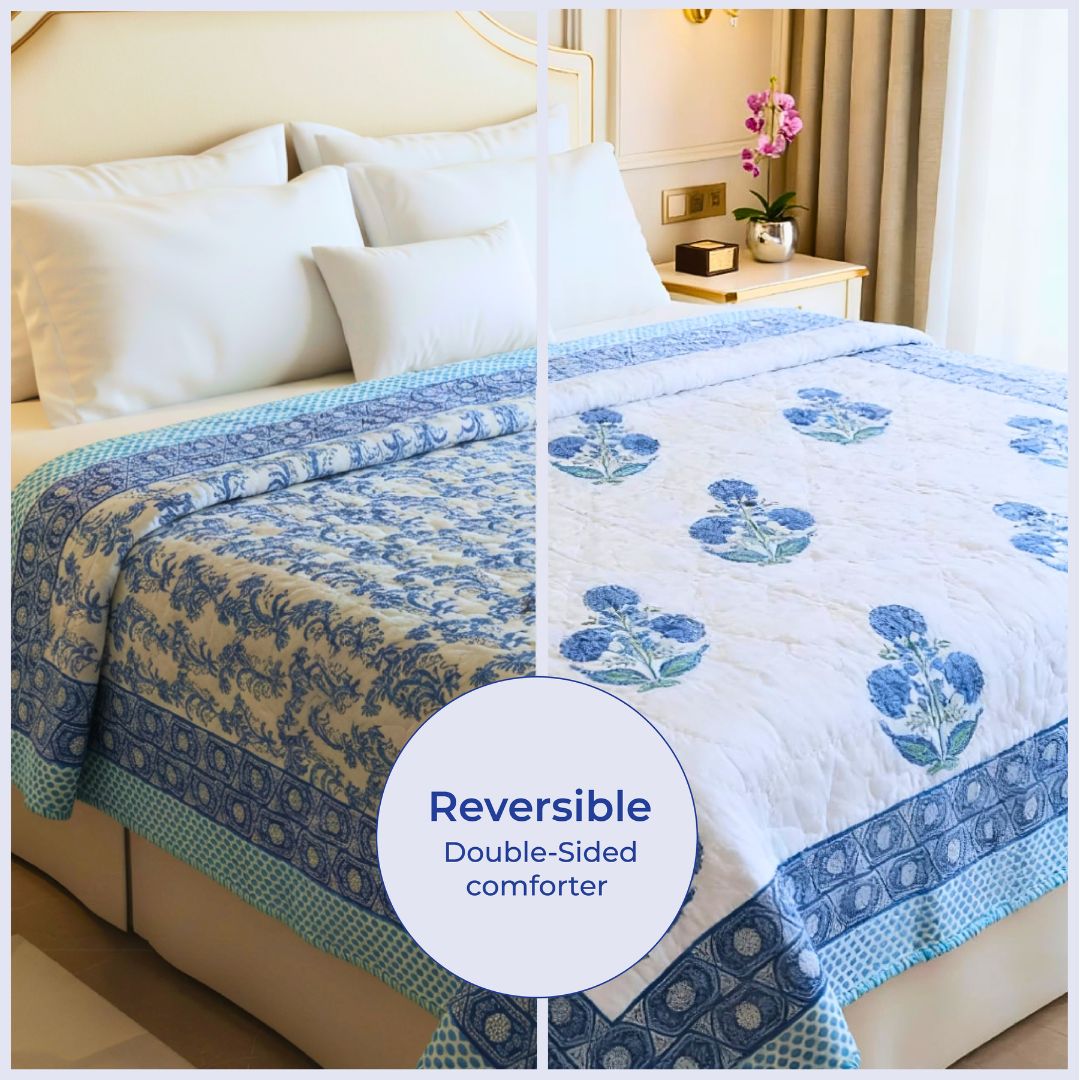 Single Double-Sided Block Printed Cotton Comforter in Blue Floral Pattern
