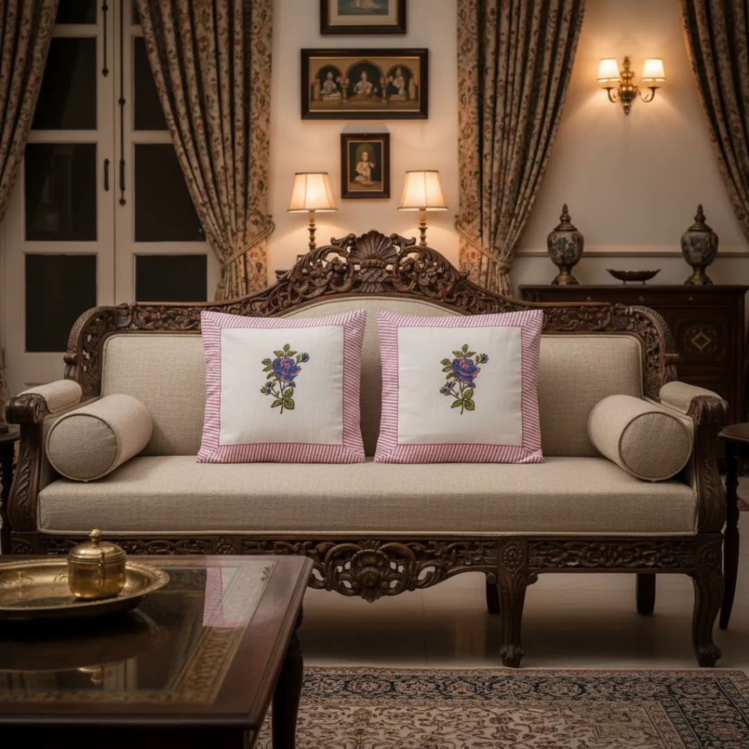 South Cotton Block Printed Cushion Covers with Central Floral Motif (Set of 2)