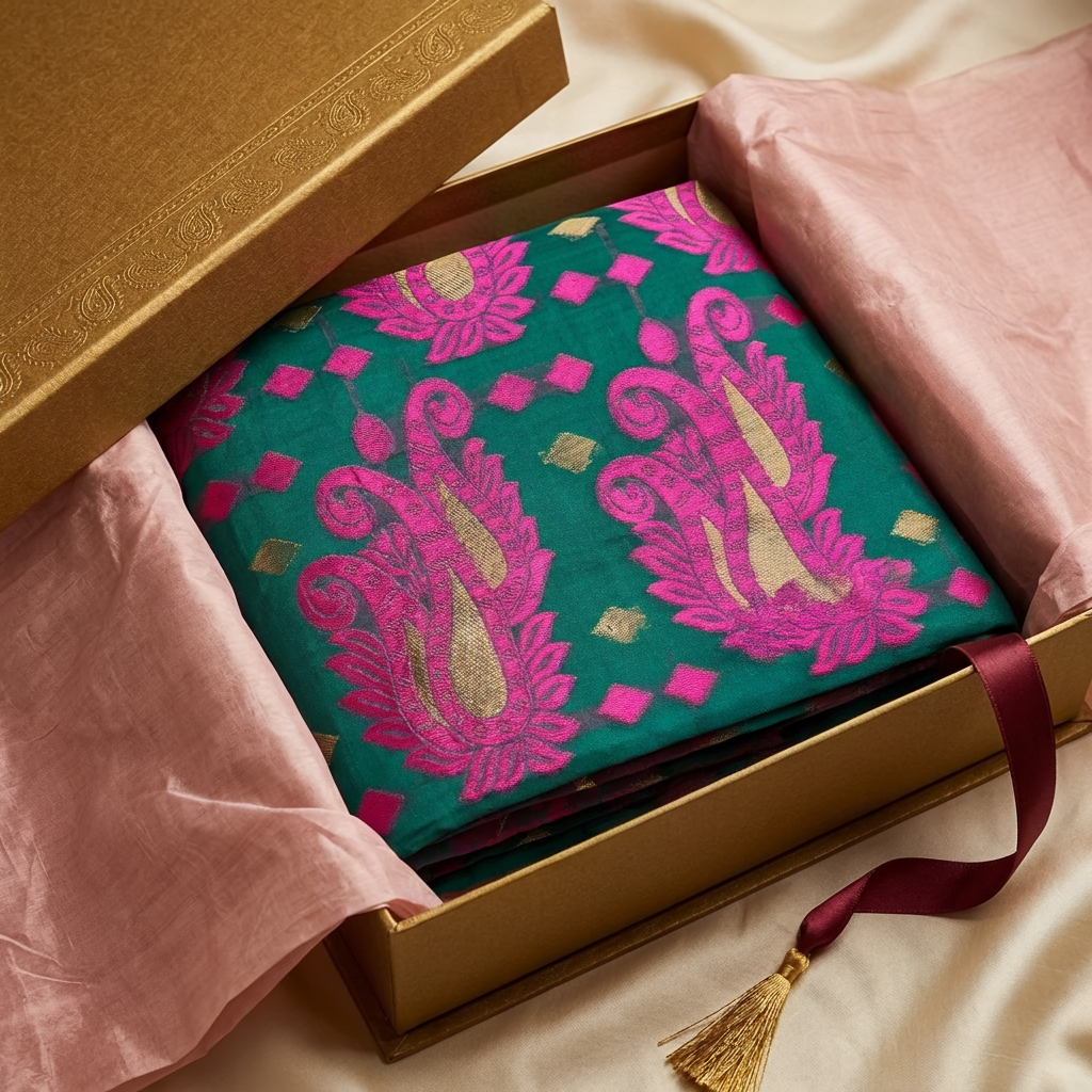 Dhakai Jamdani Saree Green Pink Design