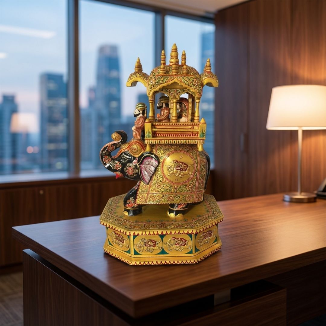 Golden Royal Elephant Palanquin Sculpture with Premium Rajasthani Howdah Detailing