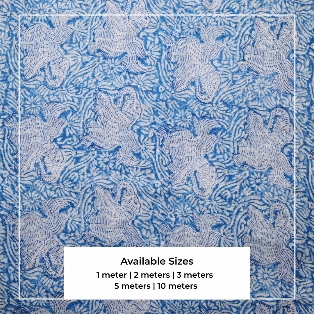 Single-Sided Block Printed Mal Cotton Fabric in Blue Floral Pattern