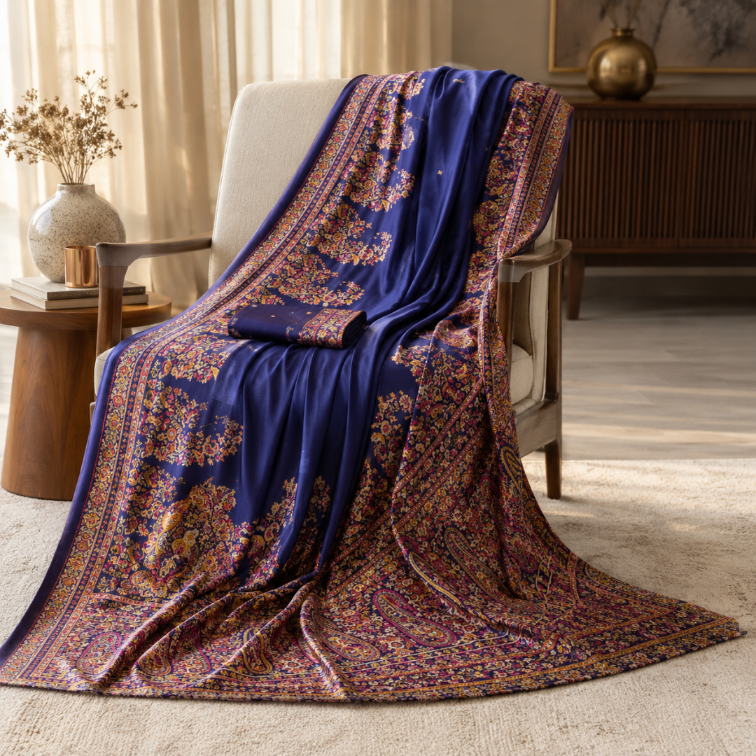 Festive Kashmiri Handcrafted Pashmina Silk Saree – Midnight Blue Elegance