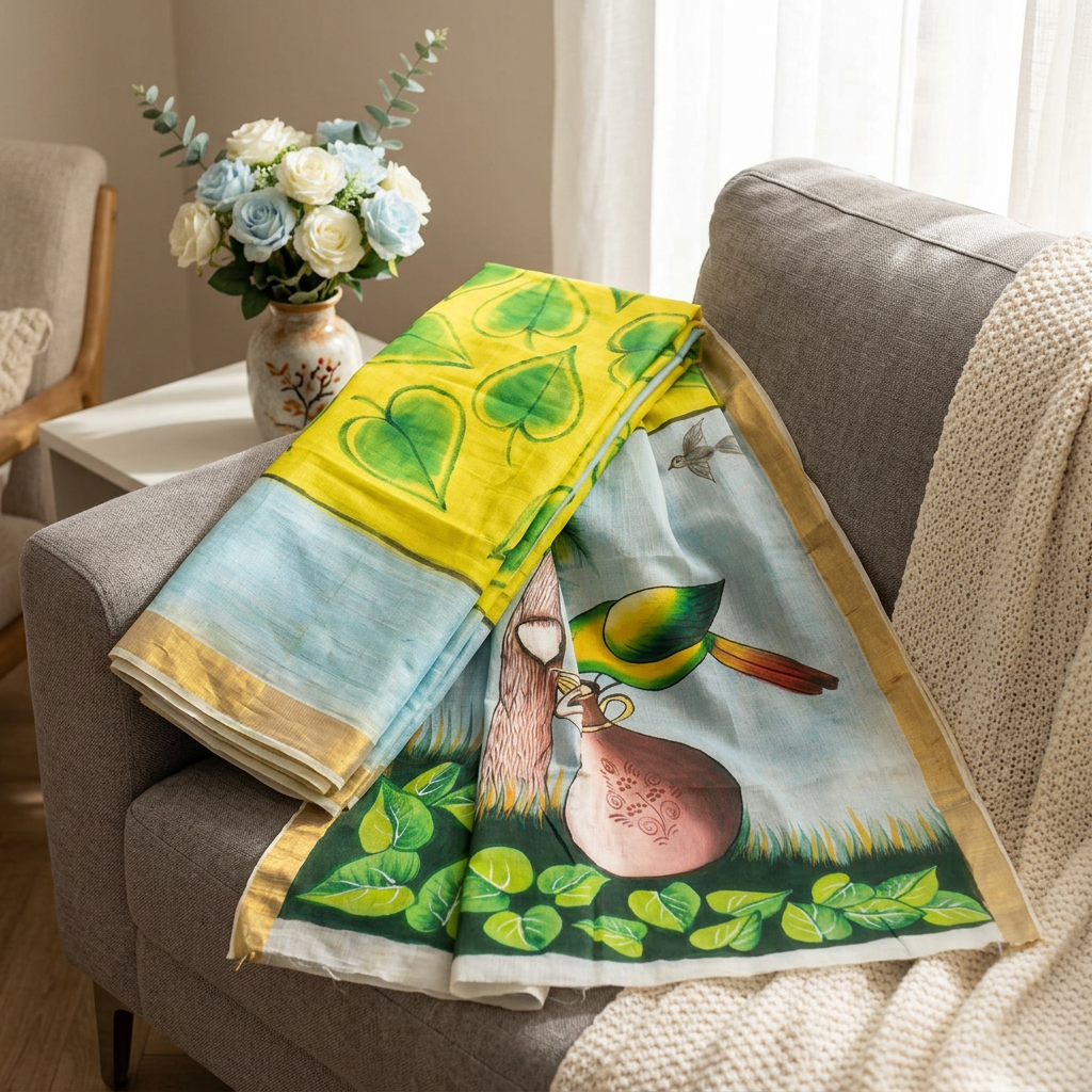 Kerala Cotton Hand-Painted Off-White Saree with Lime Green Leaf Motifs & Scenic Pallu | Includes Blouse Piece