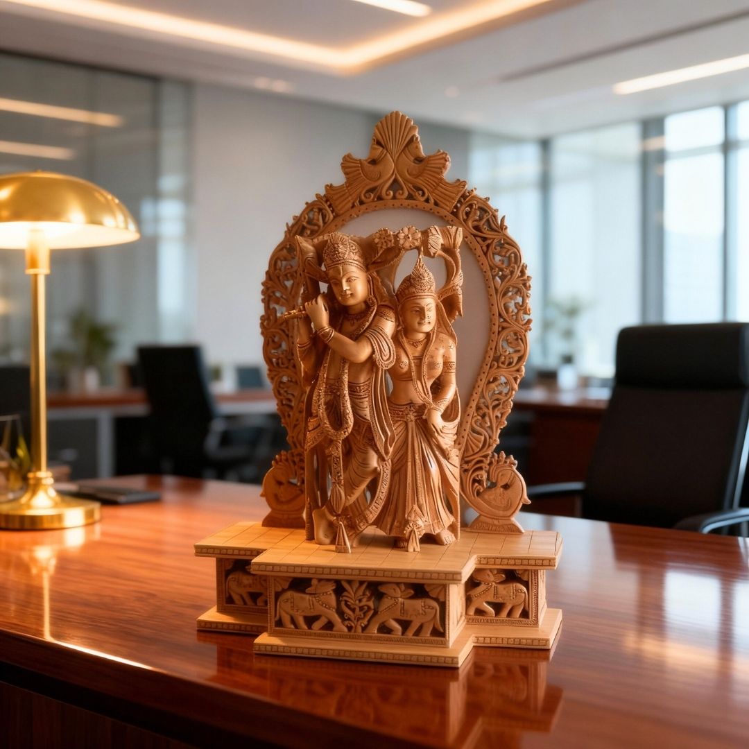 Radha Krishna Jugal Murti with Peacock Arch and Premium Base in Sandalwood