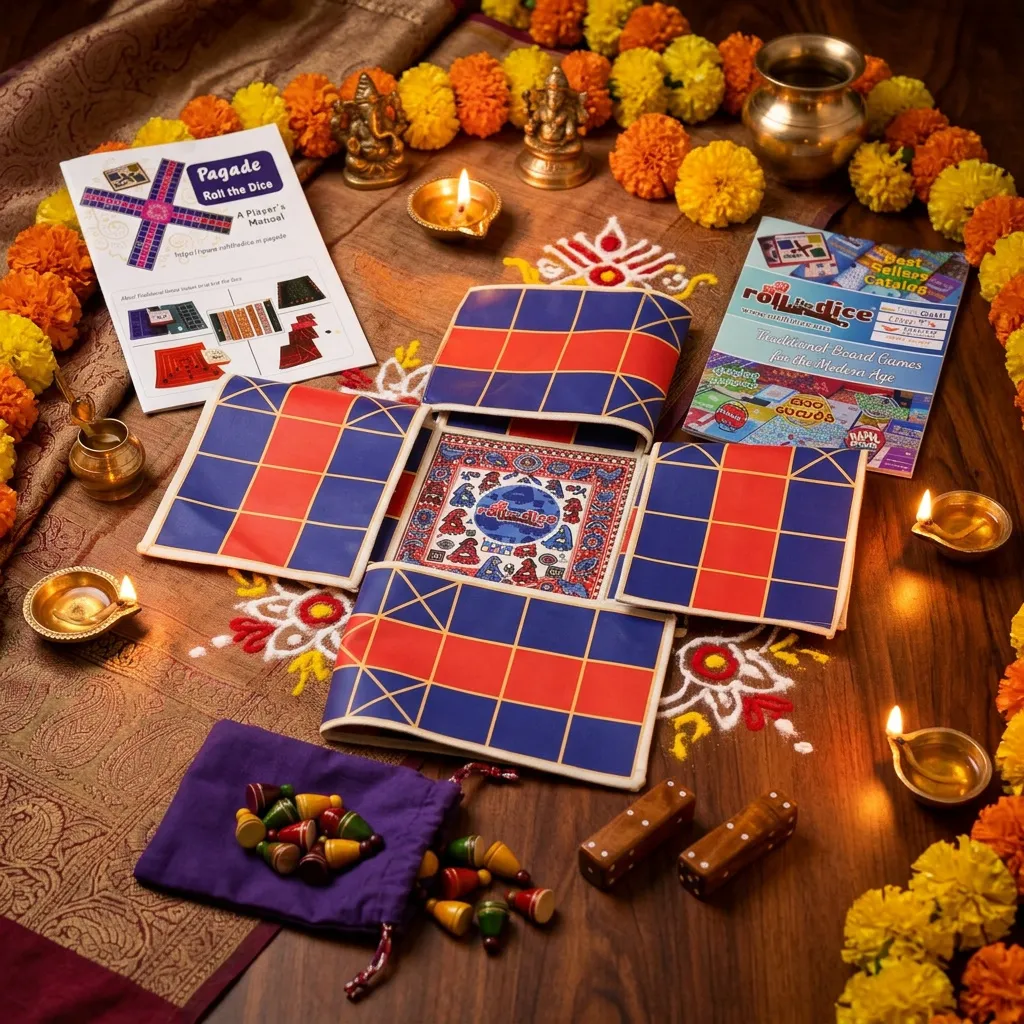 Pagade Board Game – Traditional Indian Pachisi (Parcheesi) Set in Blue & Red | Handmade Wooden Pieces | Includes How-to-Play Guide