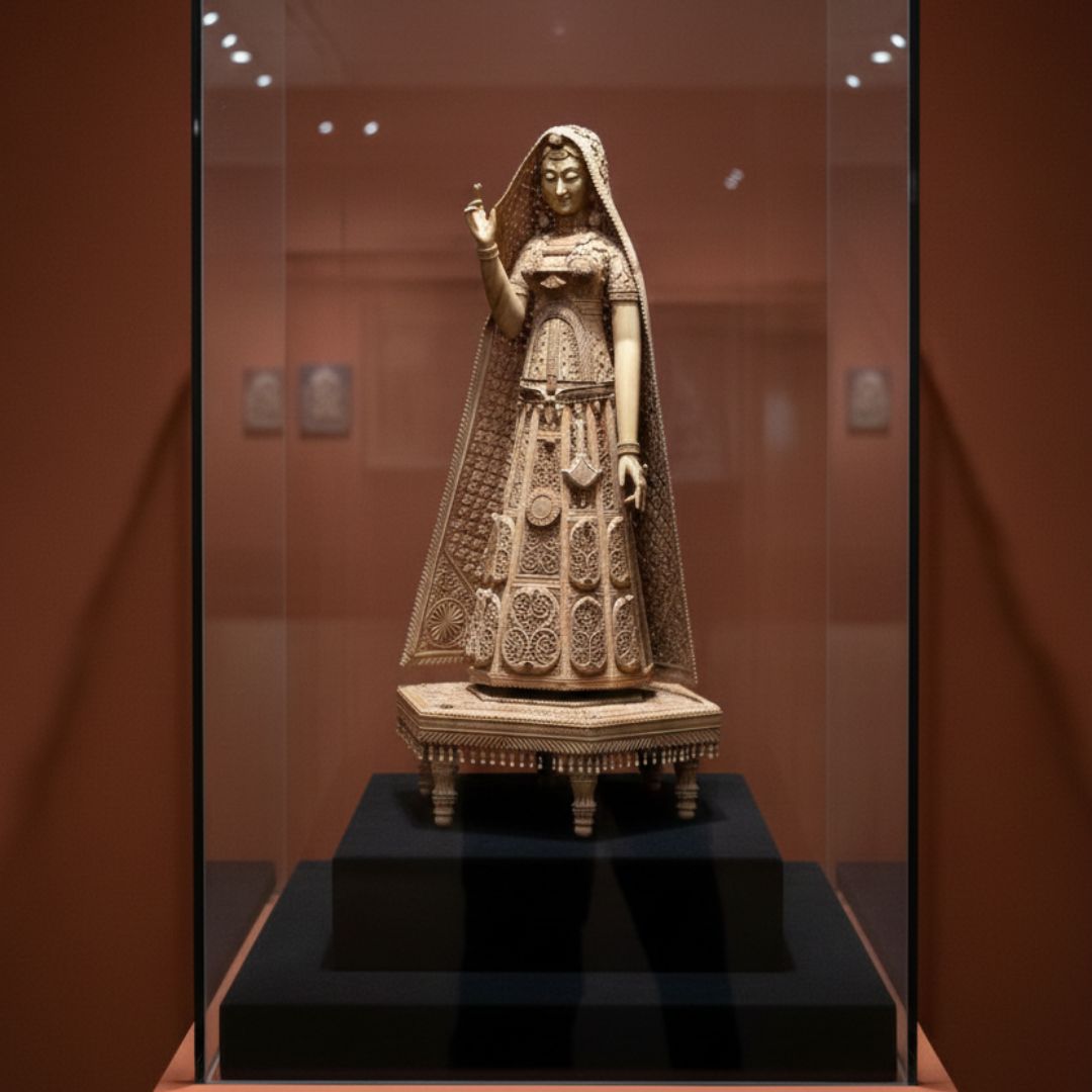 Pure Sandalwood Royal Lady Sculpture with Intricate Shrine Carving