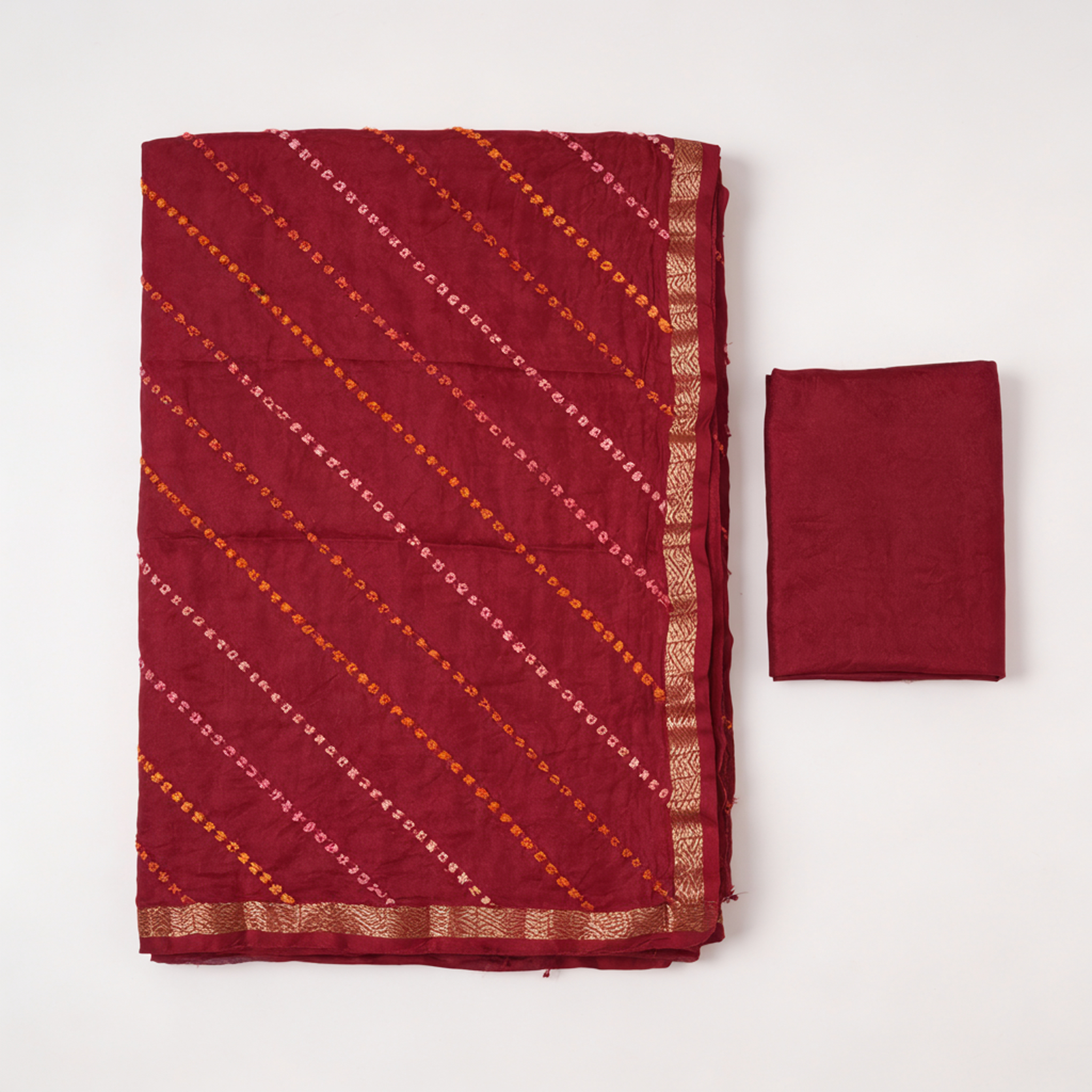 Rich Jhankar Bandhej Tie & Dye Semi Silk Saree in Deep Maroon Tones with Coordinated Blouse (Unstitched)