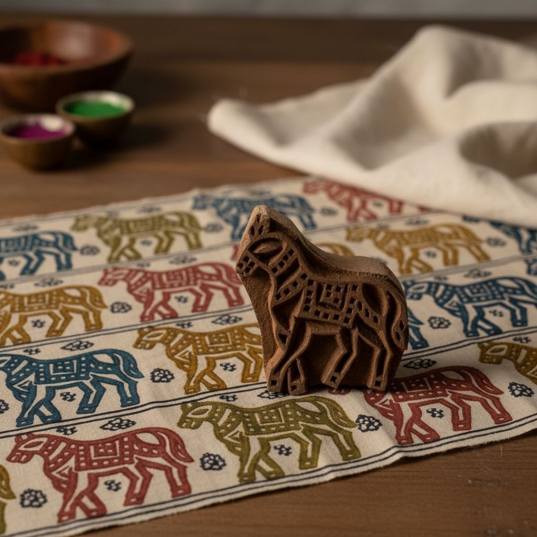 Mini Hand-Carved Roheda Wood Printing Block with Horse Motif